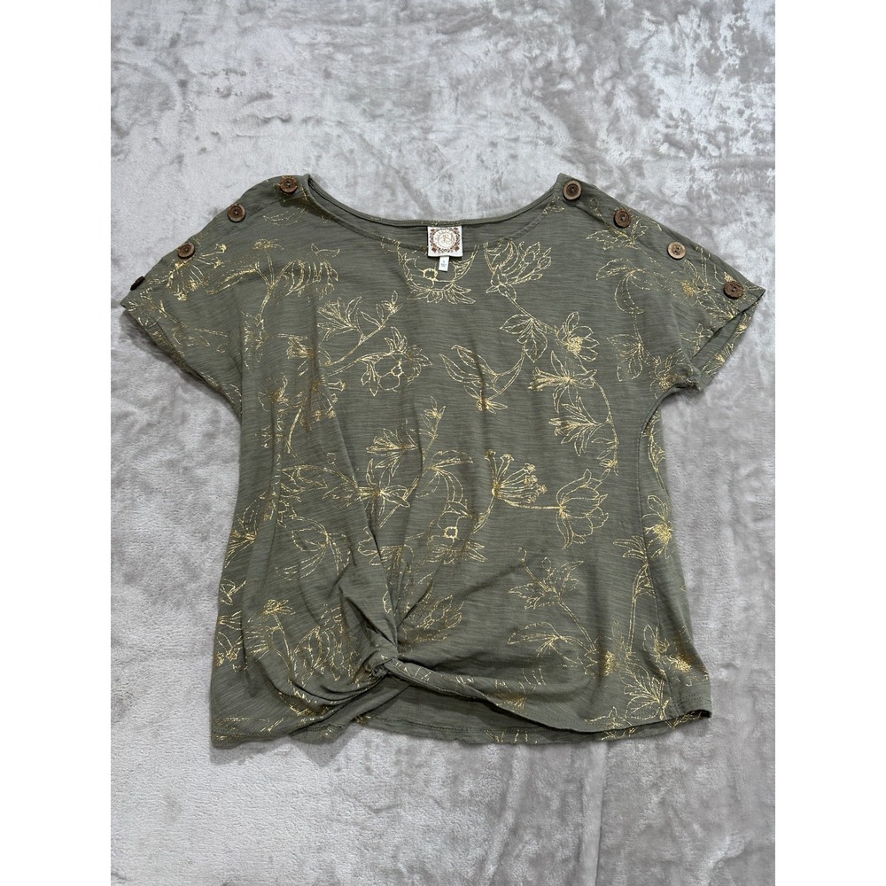 Tru Self Blouse Womens Size Large Green Gold Print Short Sleeve Bow Waist EUC